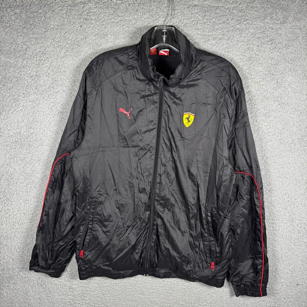 Puma Scuderia Ferrari Mens Windbreaker Jacket Black Full Zip Packable Hood L